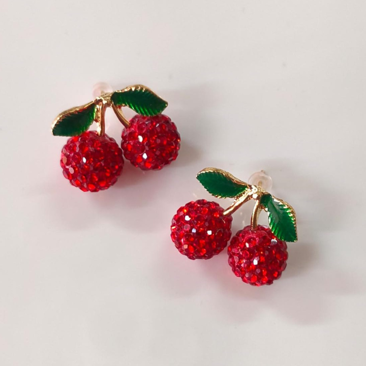 Aretes de Cereza, Pendientes con Forma de Cereza, Pendientes de Botón con Pedrería Dulce