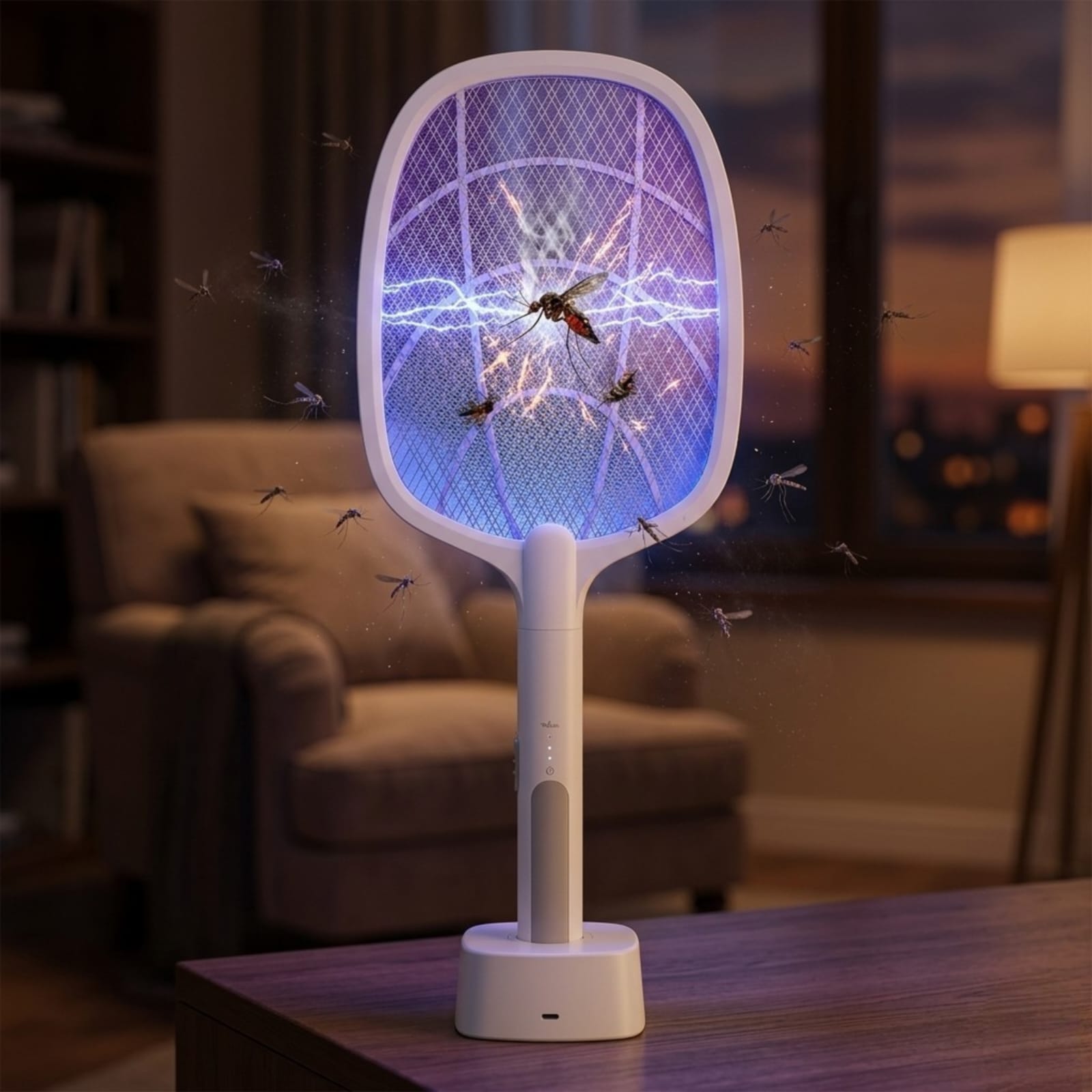 Raqueta elimina mosquitos recargable con base