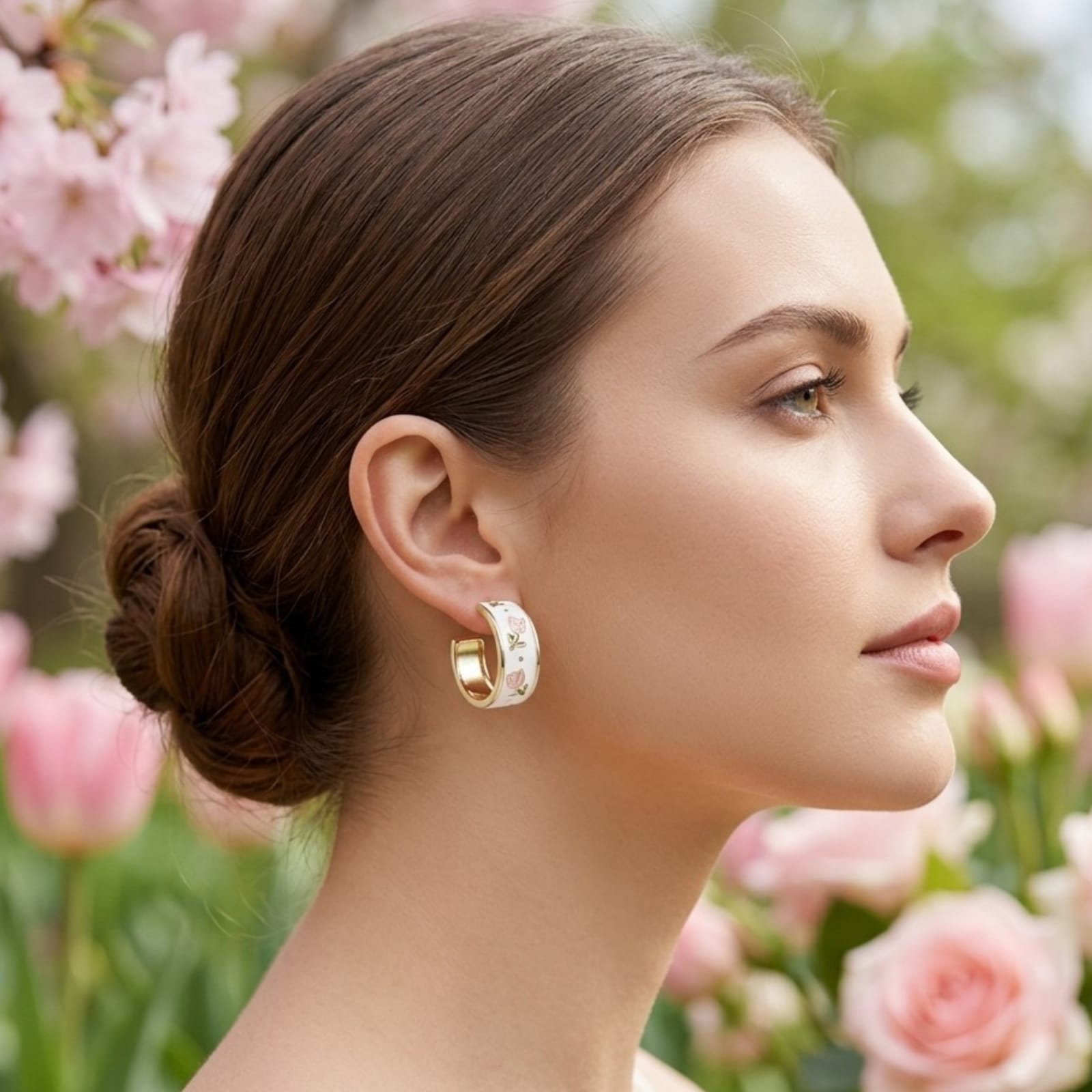 Aretes, argollas diseño floral, pin plata 925