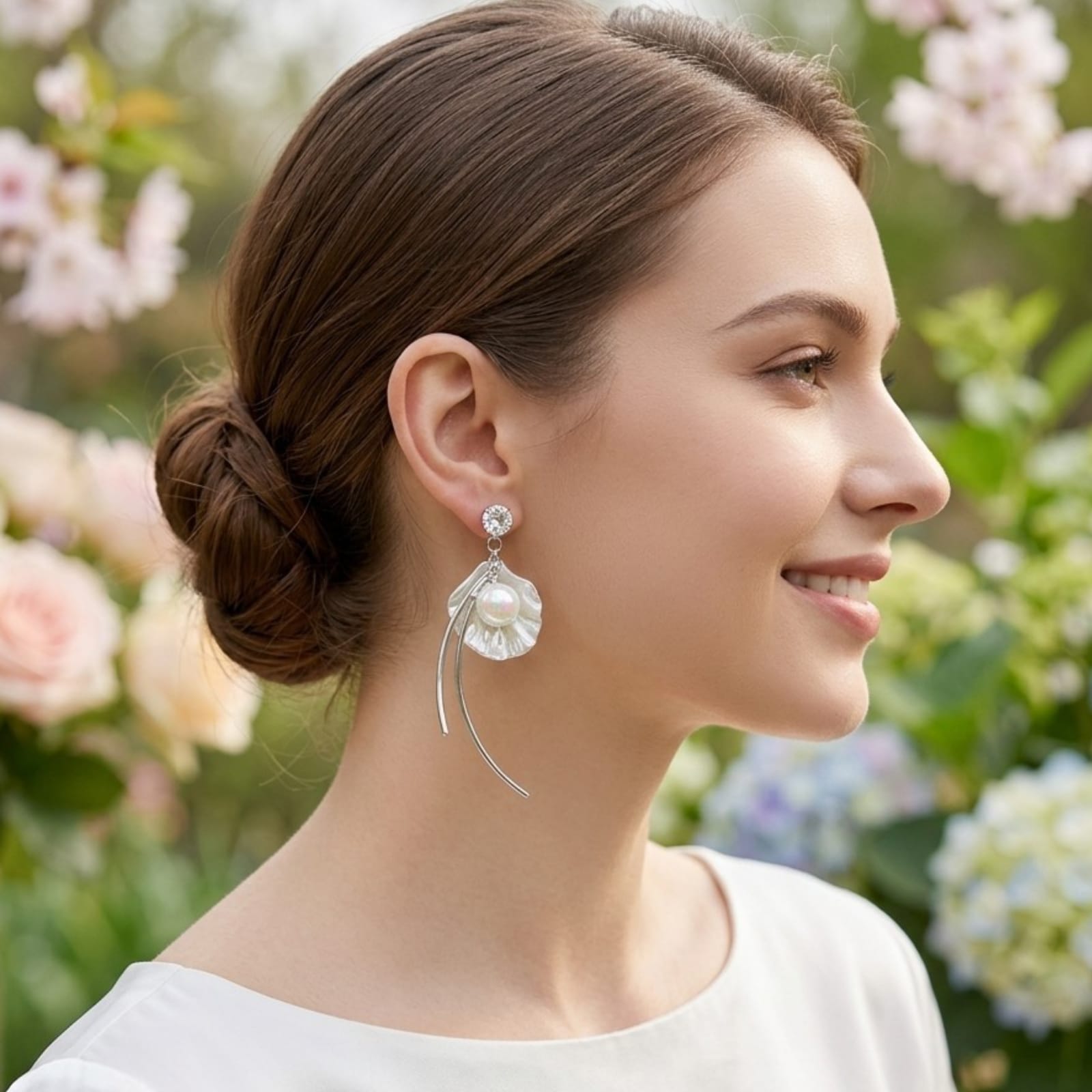 Aretes largos, diseño coral y perla, pin plata 925
