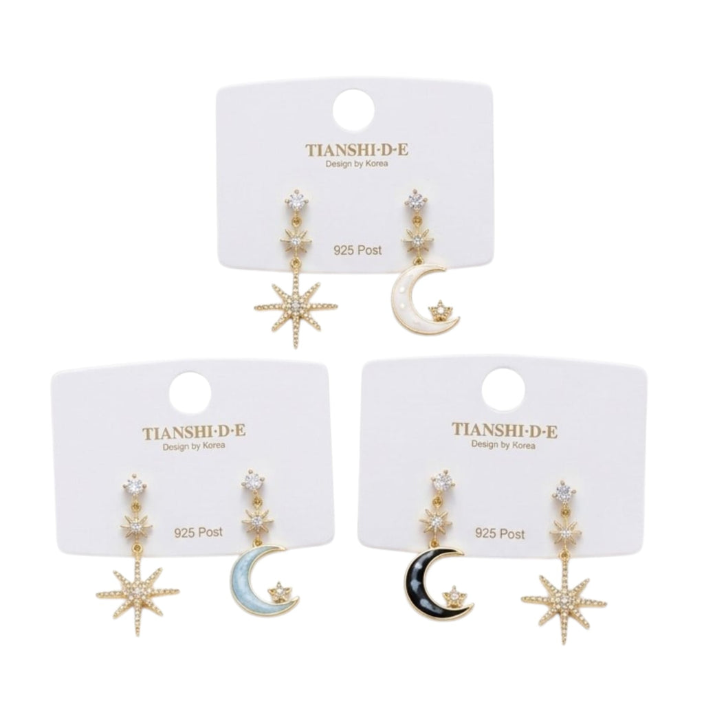 Aretes, diseño de luna y estrella, pin plata 925