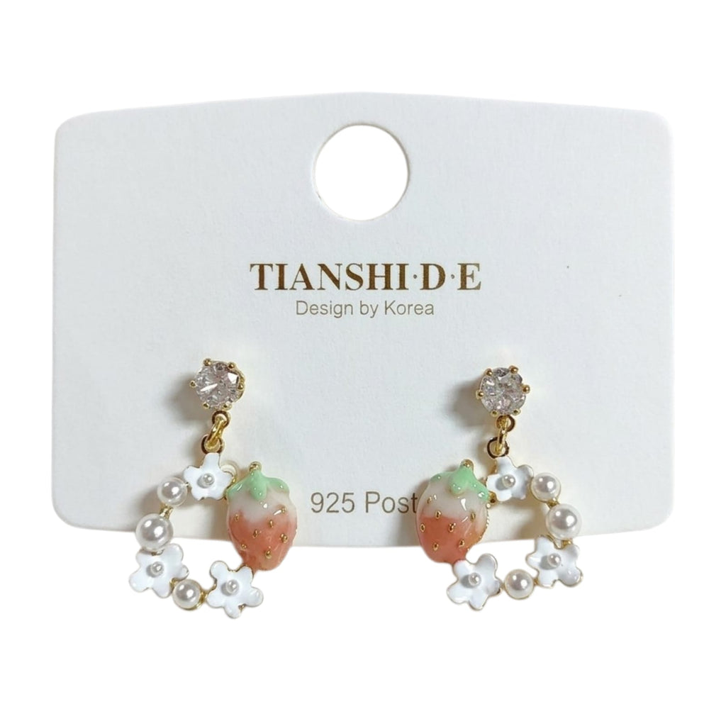Aretes, diseño corona floral detalle de fresa, pin plata 925