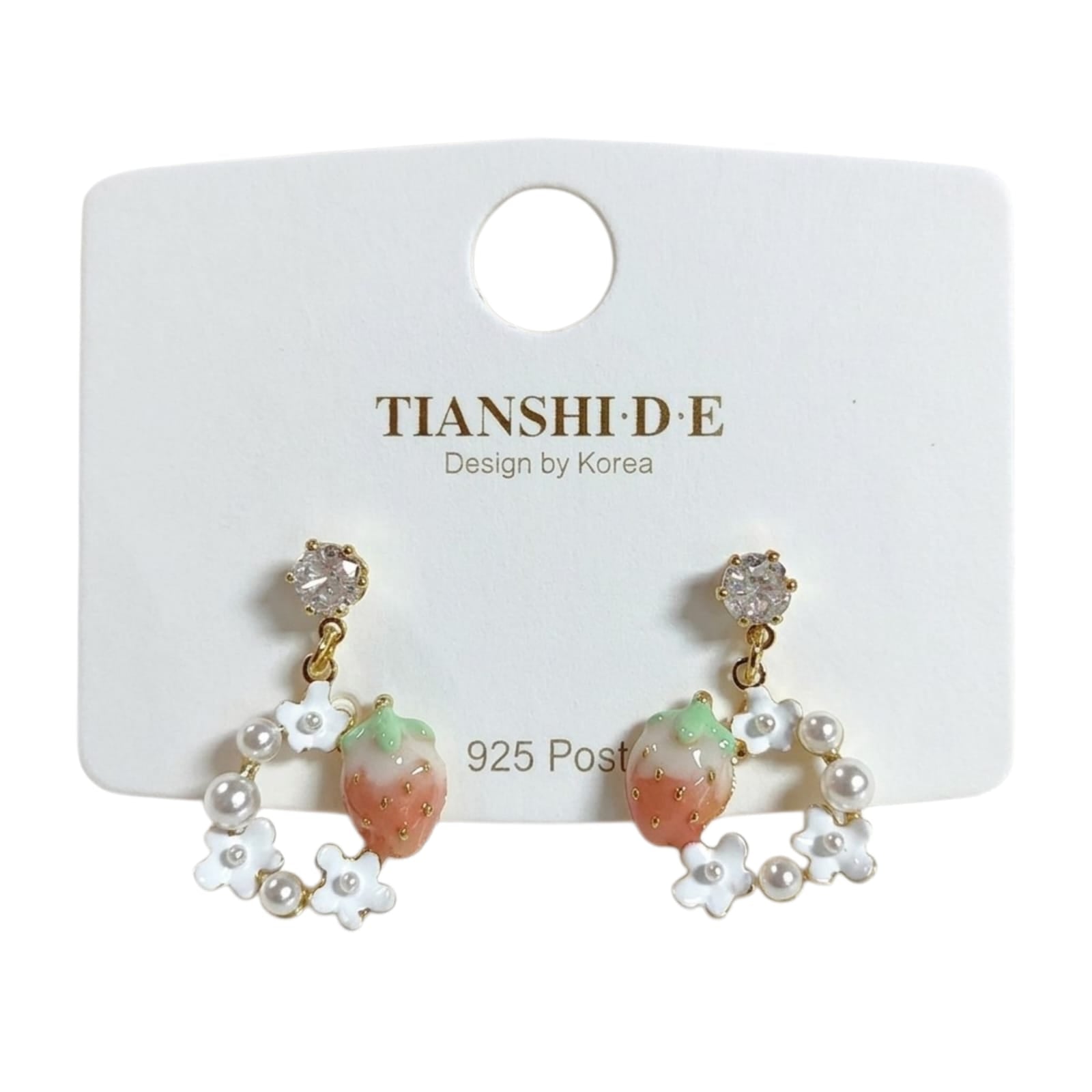 Aretes, diseño corona floral detalle de fresa, pin plata 925