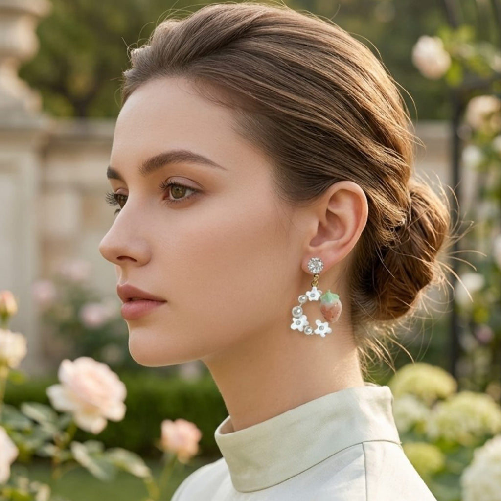 Aretes, diseño corona floral detalle de fresa, pin plata 925