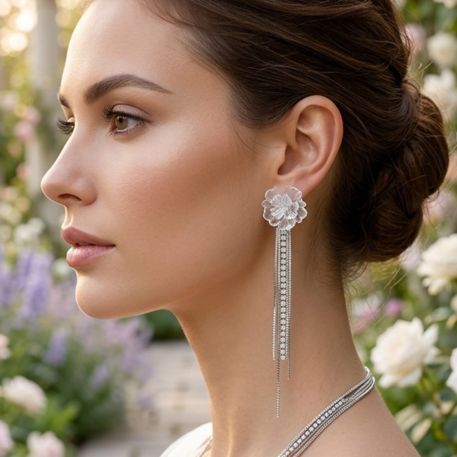 Aretes largos, diseño floral, pin plata 925