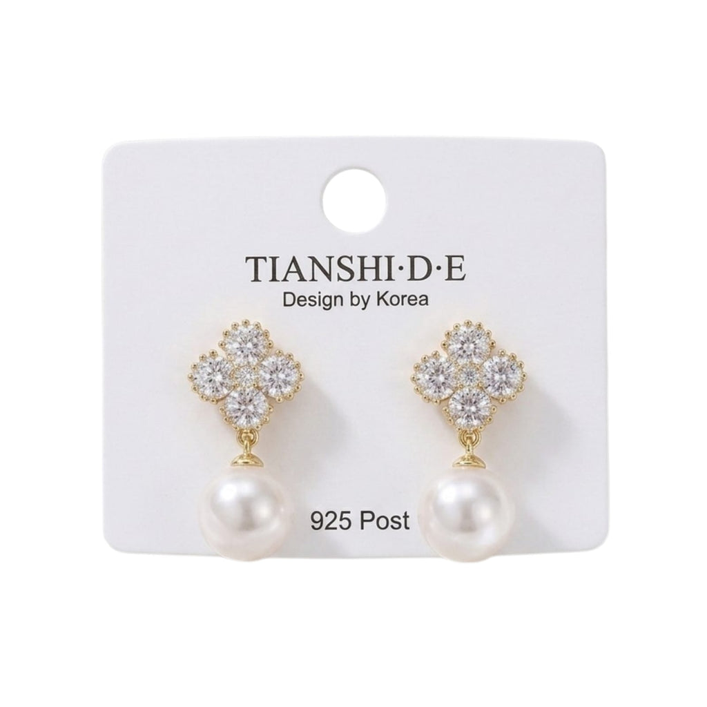 Aretes, diseño copo y perla, pin plata 925