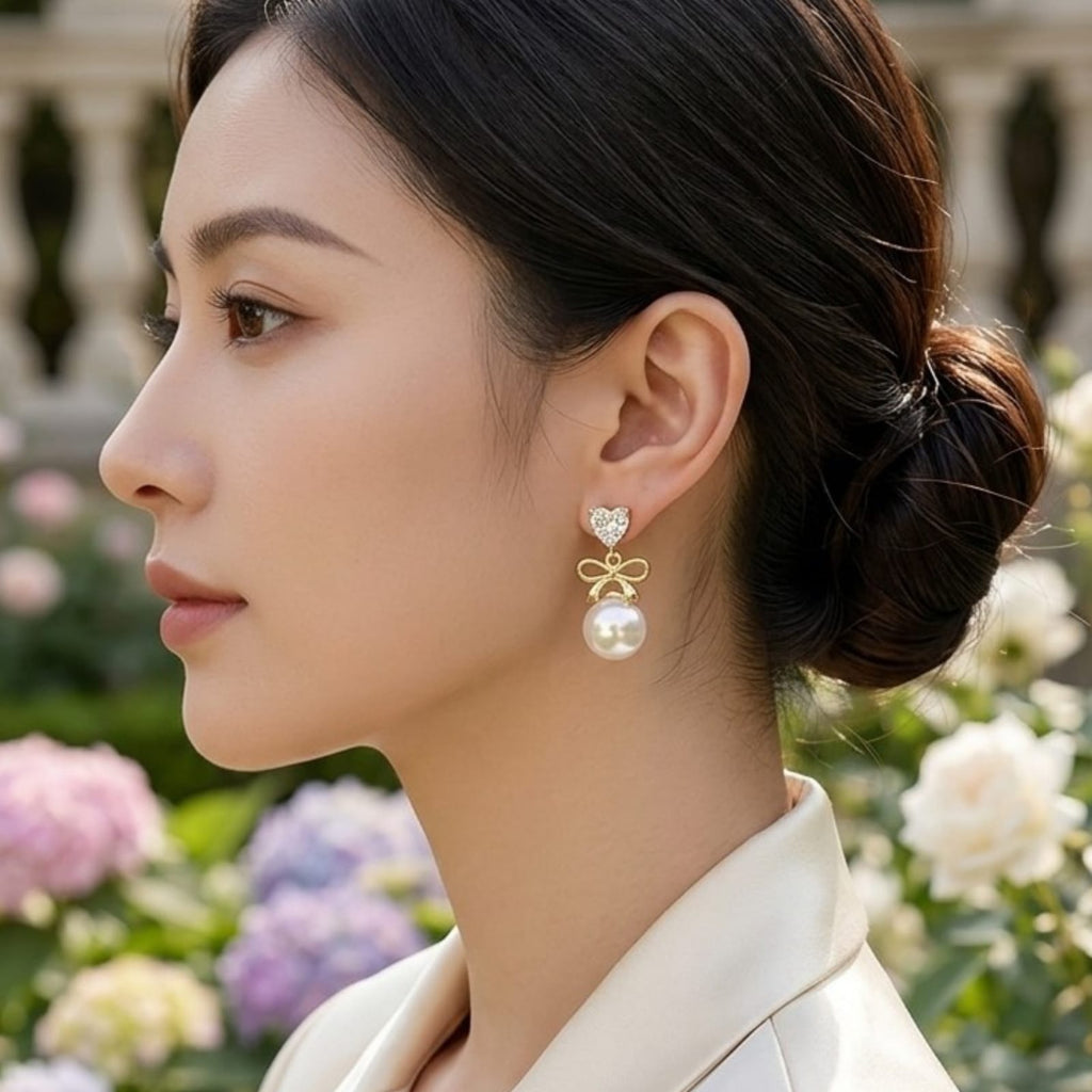 Aretes, estilo lazo con perla, pin plata 925
