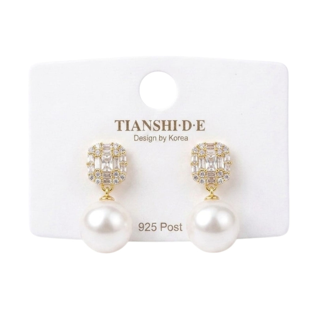 Aretes, estilo rectangular con perla, pin plata 925