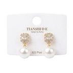 Aretes, estilo rectangular con perla, pin plata 925