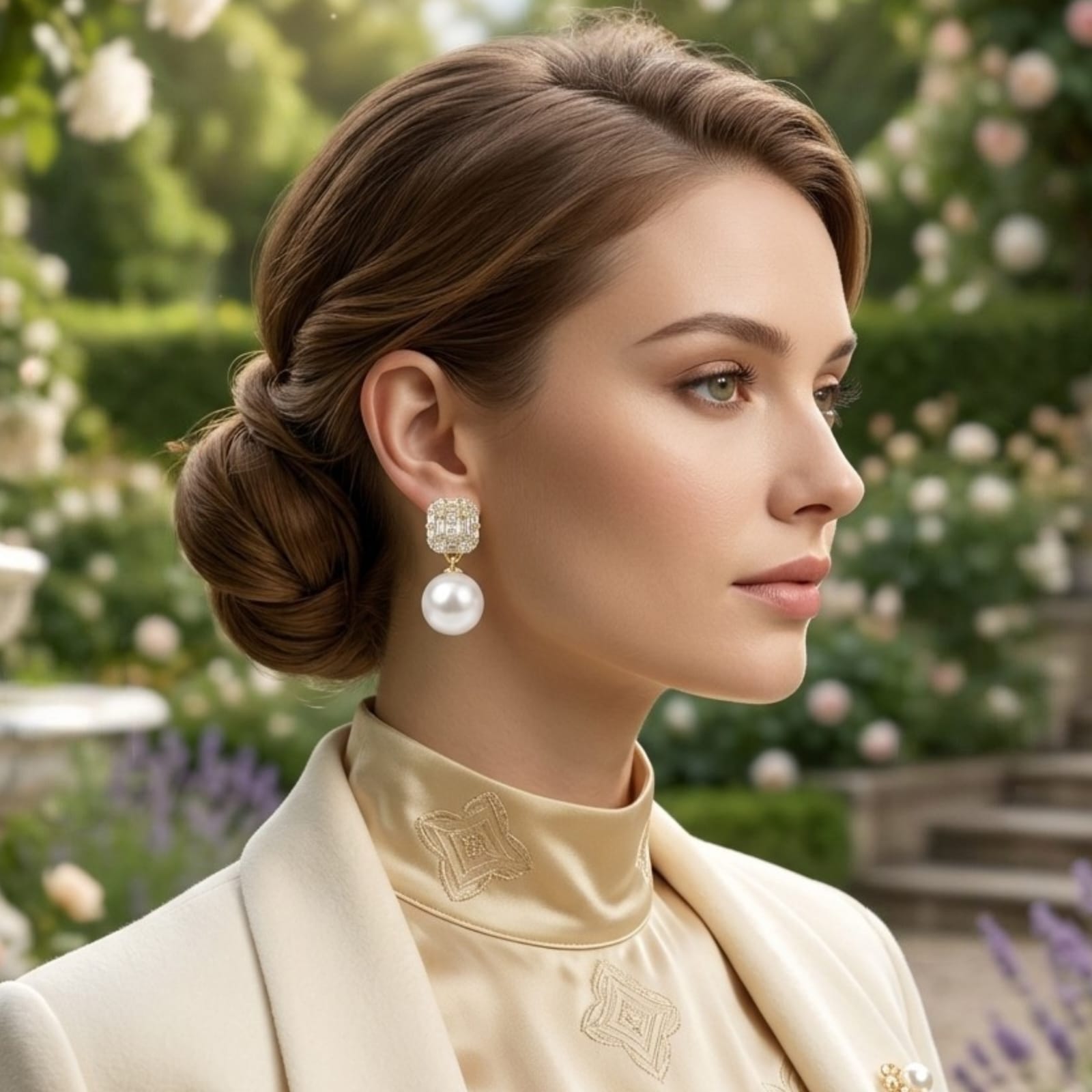 Aretes, estilo rectangular con perla, pin plata 925