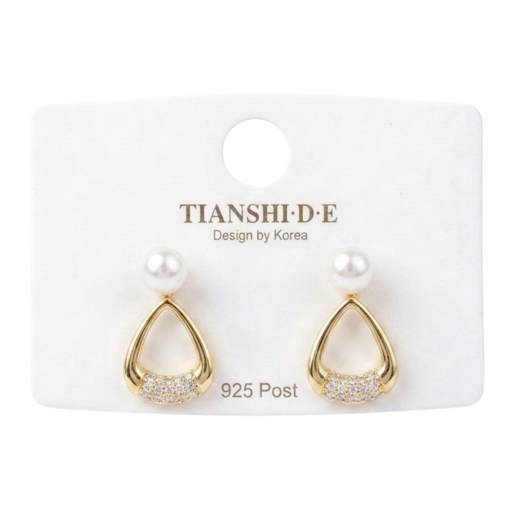 Aretes, estilo triangular con perla, pin plata 925