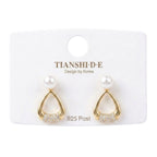Aretes, estilo triangular con perla, pin plata 925
