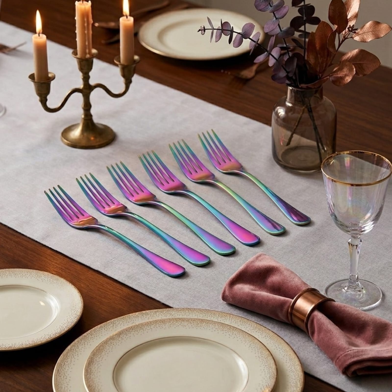 Set de tenedores / 6 piezas, color rainbow finish