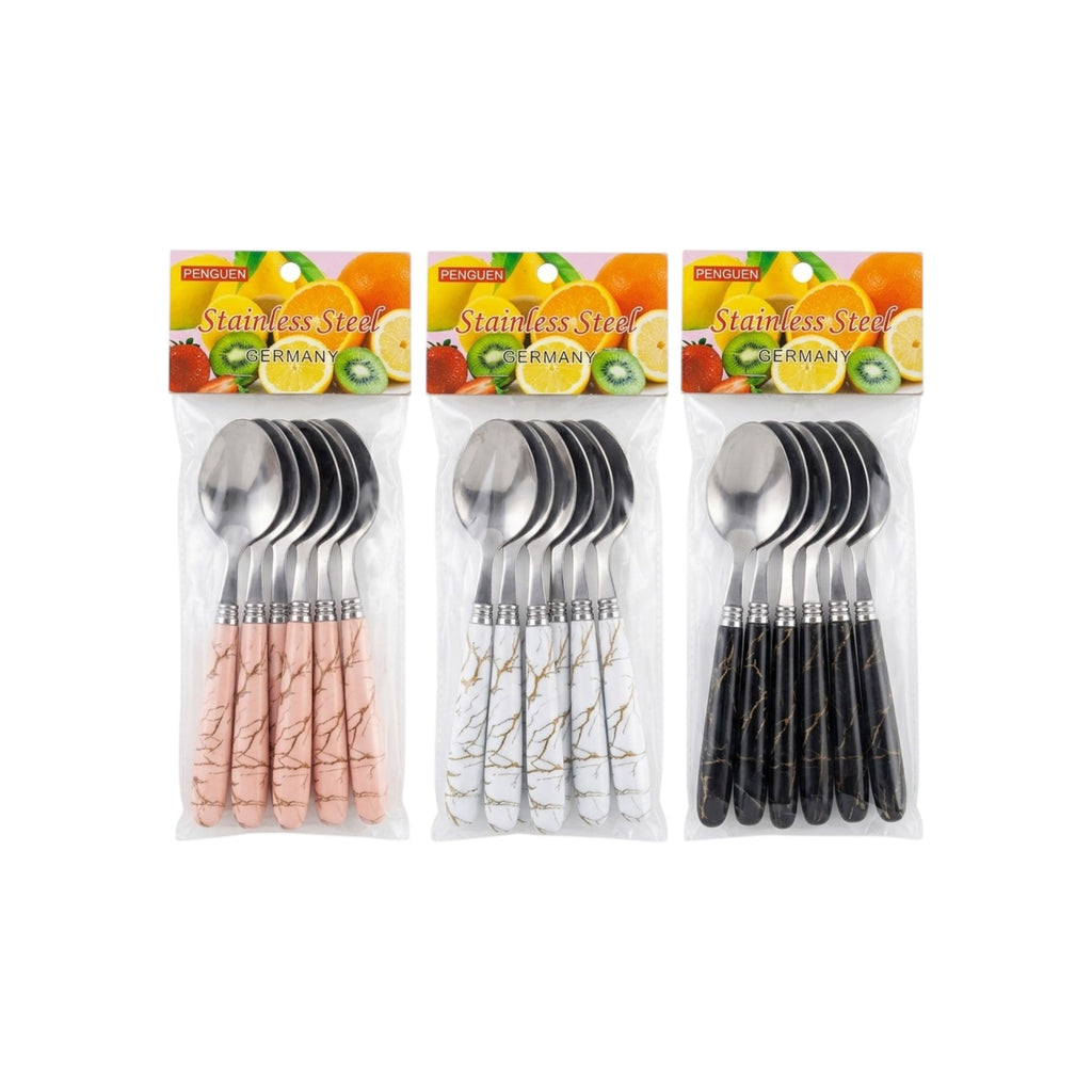 Set de cucharas de postre / 6 piezas, acero inoxidable y mármol