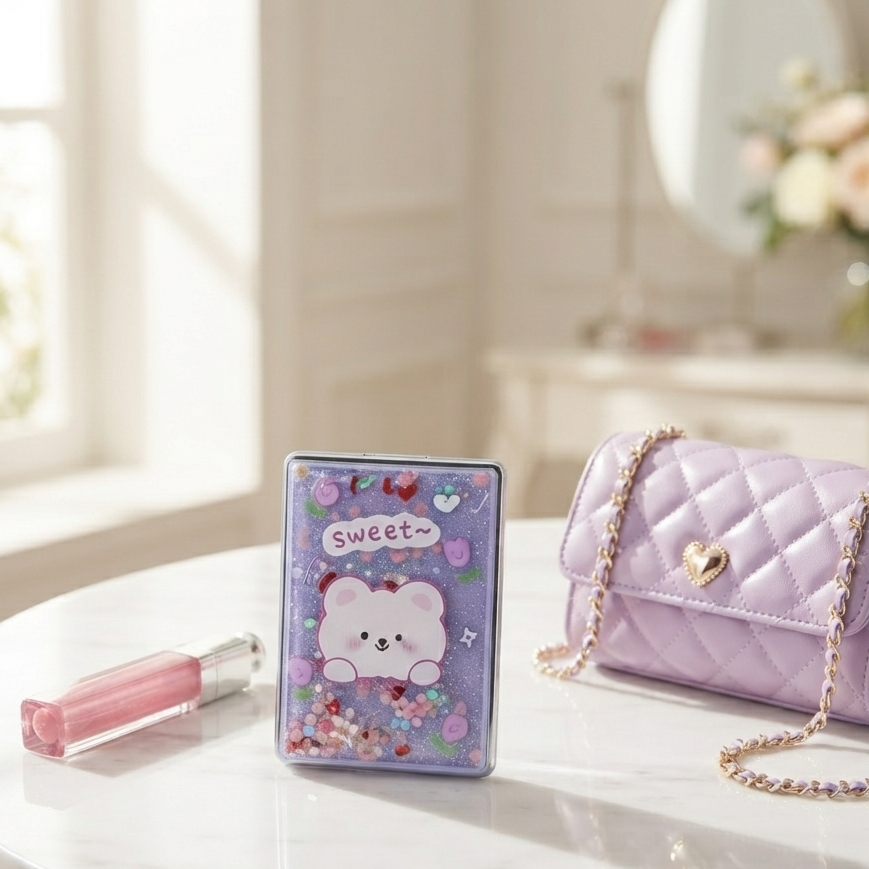 Espejo de bolsillo doble cara, glitter