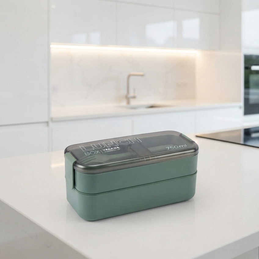 Lonchera bento doble nivel "lunch box" 750 ml con cubiertos