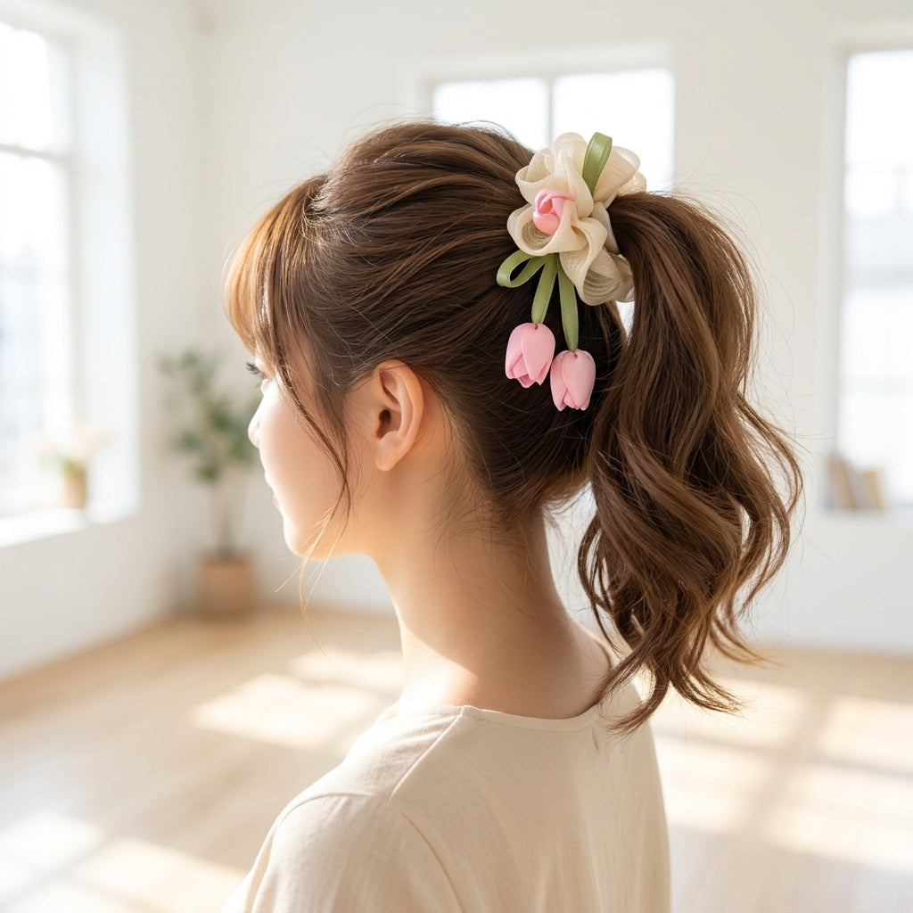 Moño scrunchie elegante con tulipanes