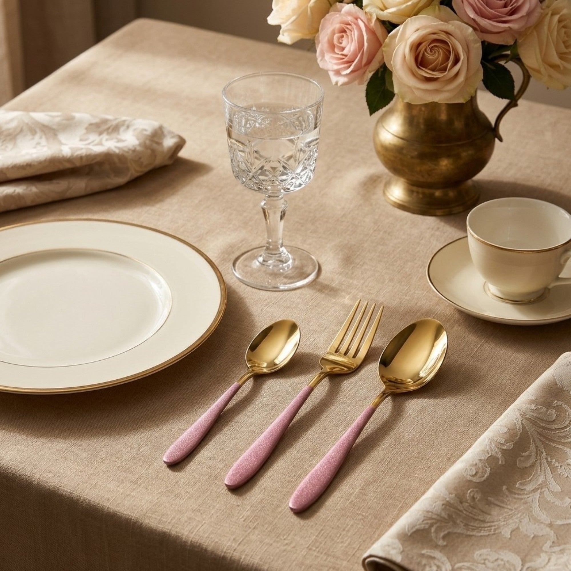 Set de cucharas de postre / 6 piezas, color oro y rosa bebe