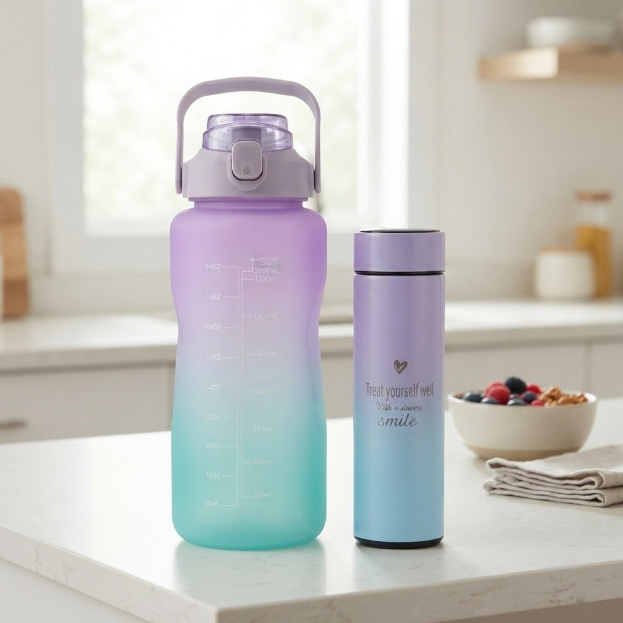 Set botella plástica 2L / termo acero inoxidable 500ml
