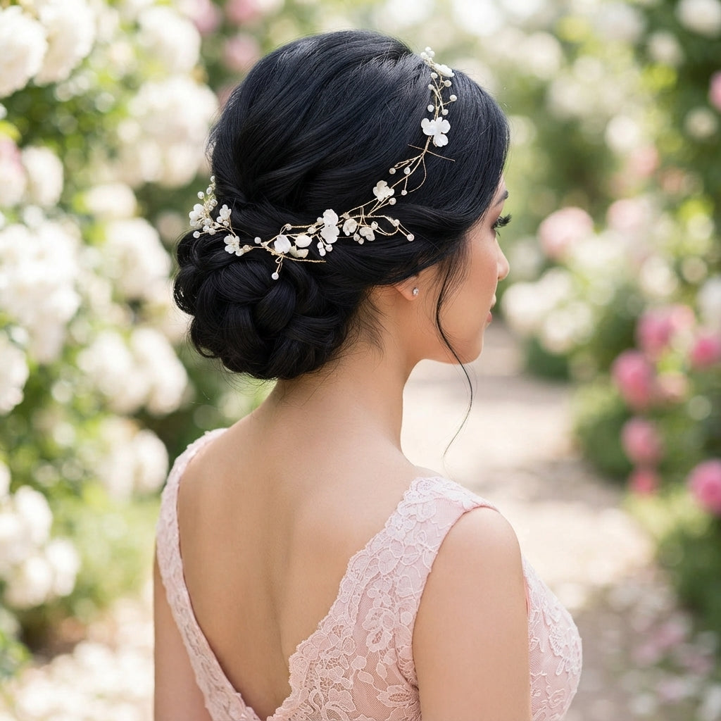 Guirnalda flexible para el cabello con flores y perlas